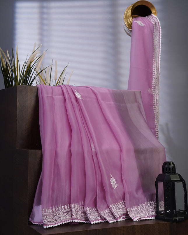 Soft Tissue Organza Silk with Kantha Work Lace Border - Lavender