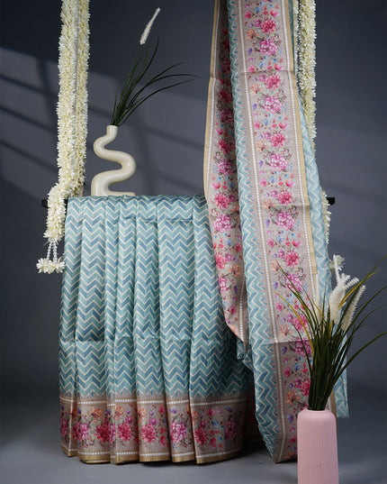 Tusser Silk Saree with Floral Print Border-  Light Blue