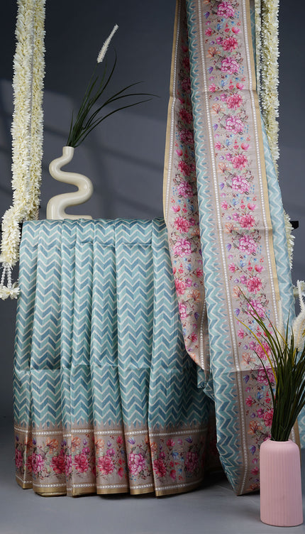 Tusser Silk Saree with Floral Print Border-  Light Blue