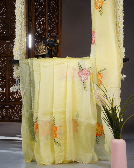 Russian Silk Saree Hand Painting Design With Kardana & Sequence Work Scallop Border With Pearl Work - L Yellow