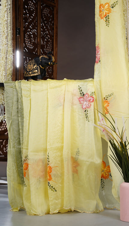 Russian Silk Saree Hand Painting Design With Kardana & Sequence Work Scallop Border With Pearl Work - L Yellow