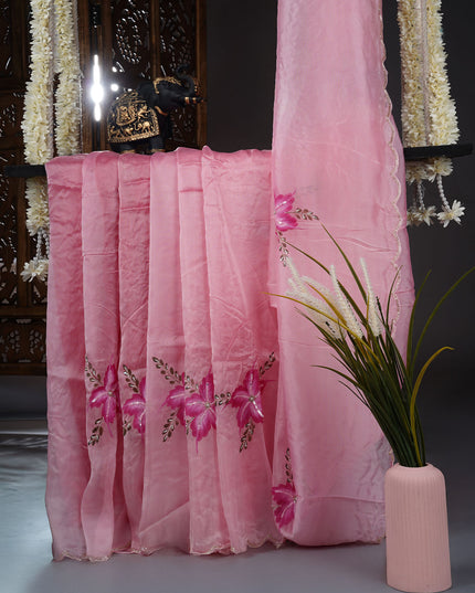 Russian Silk Saree Hand Painting Design With Kardana & Sequence Work Scallop Border - Pink