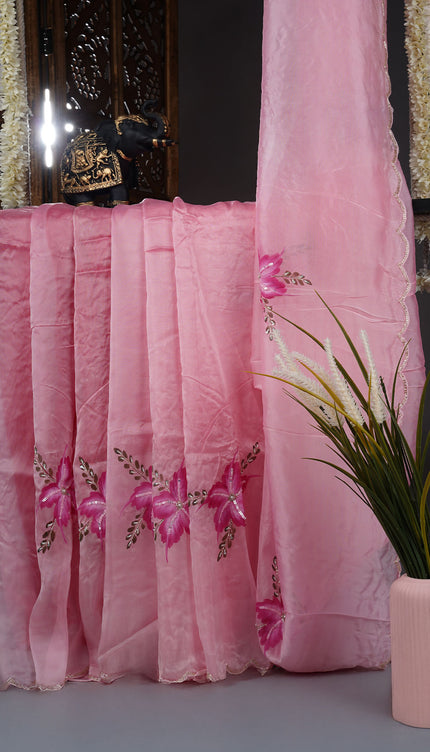 Russian Silk Saree Hand Painting Design With Kardana & Sequence Work Scallop Border - Pink