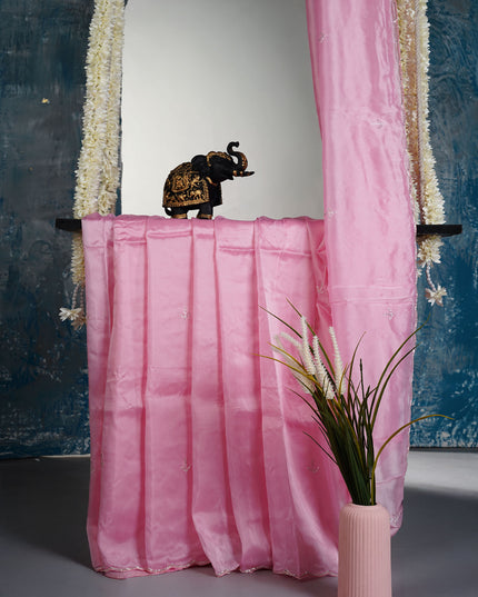 Russian silk saree with applique & Kardhana Work and scallop border - Pink