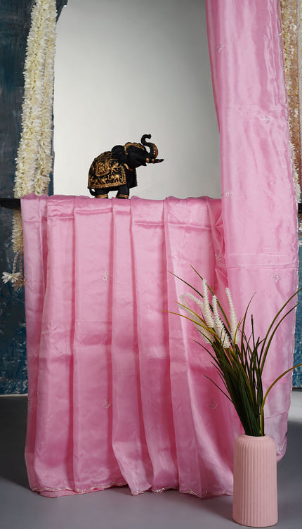 Russian silk saree with applique & Kardhana Work and scallop border - Pink