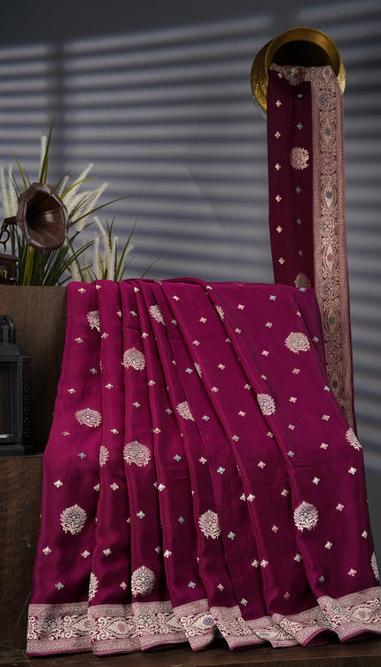 Banaras Silk Saree With Meenakari Butties - Wine