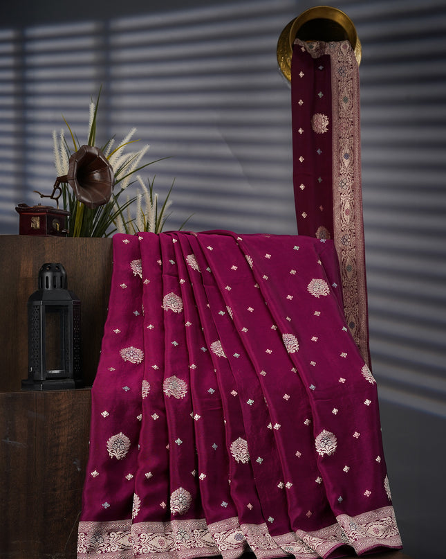 Banaras Silk Saree With Meenakari Butties - Wine