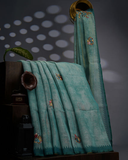 Tissue Linen Saree With Kantha Work & Contrast Border - Mint Green