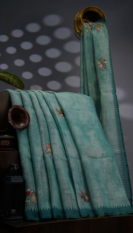 Tissue Linen Saree With Kantha Work & Contrast Border - Mint Green
