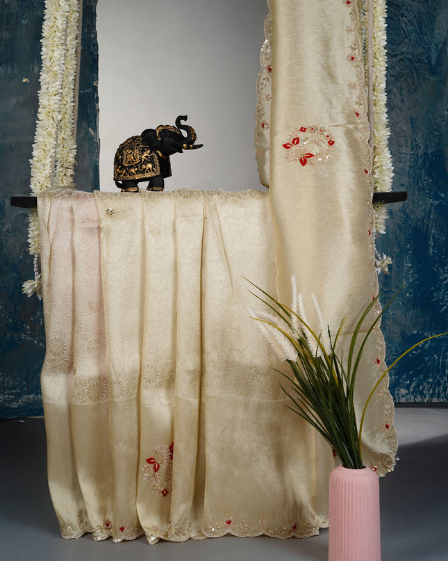 Munga banarasi silk saree with Embroidery work and scallop border - Beige