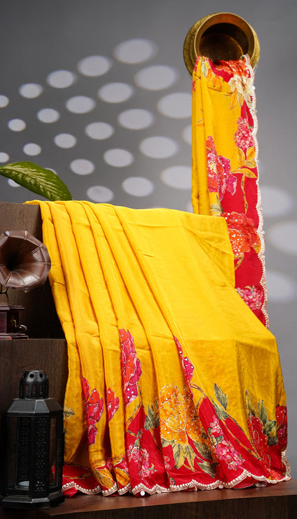 Crepe Crepe Saree With Floral Print Scallop Border Kardana Zardosi Sequence Work - Yellow