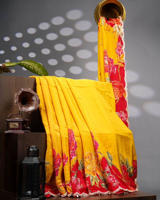 Crepe Crepe Saree With Floral Print Scallop Border Kardana Zardosi Sequence Work - Yellow