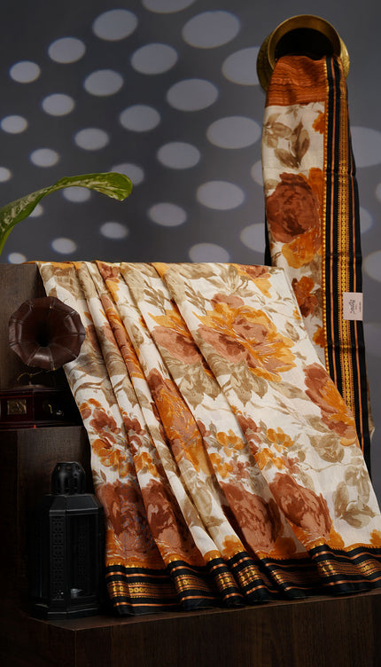 Managalagiri Silk Saree with Floral Print and Silk Saree- Yellow