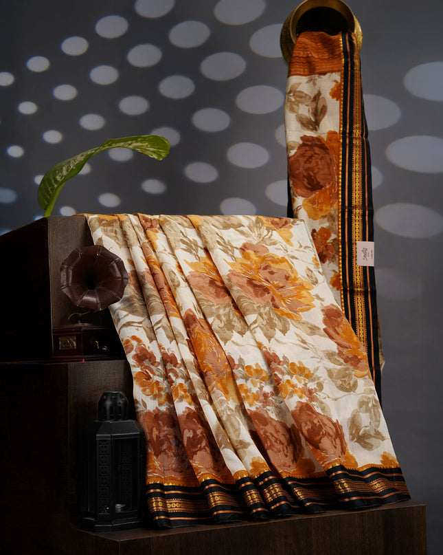 Managalagiri Silk Saree with Floral Print and Silk Saree- Yellow