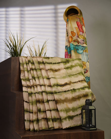 Russian Crape Shibori Print Kalamkari Pallu - Cream & Green