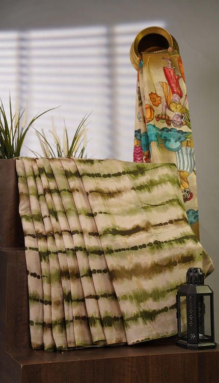 Russian Crape Shibori Print Kalamkari Pallu - Cream & Green