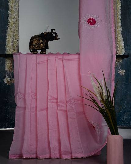Russian silk saree with applique & Kardhana Work and scallop border - Baby Pink