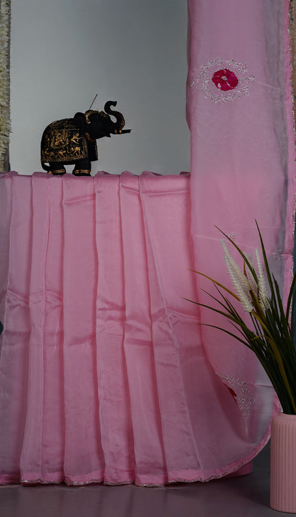 Russian silk saree with applique & Kardhana Work and scallop border - Baby Pink