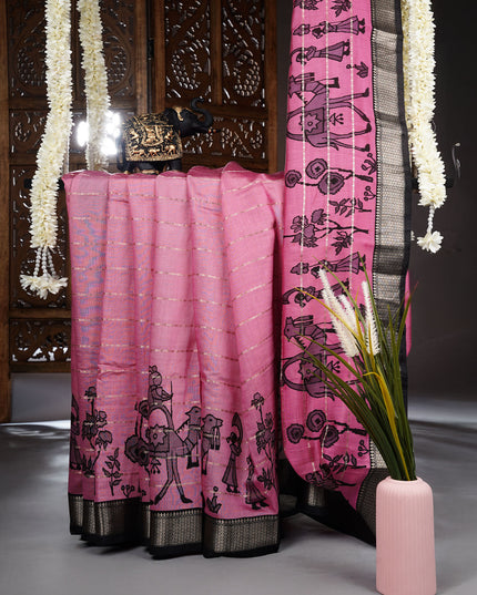 Munga Silk Saree With Digital Print Golden Zari Border - Pink