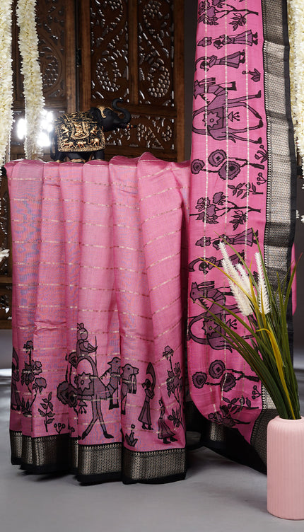 Munga Silk Saree With Digital Print Golden Zari Border - Pink