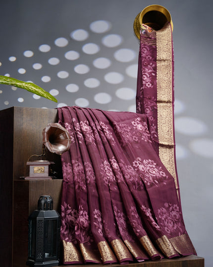 Binny Crepe Floral Print with Golden Zari Border- Wine