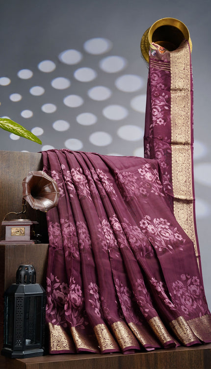 Binny Crepe Floral Print with Golden Zari Border- Wine