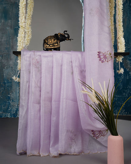 Crush tissue saree with hand painting butties and scallop border Kardana & Sequence Work - Lavender