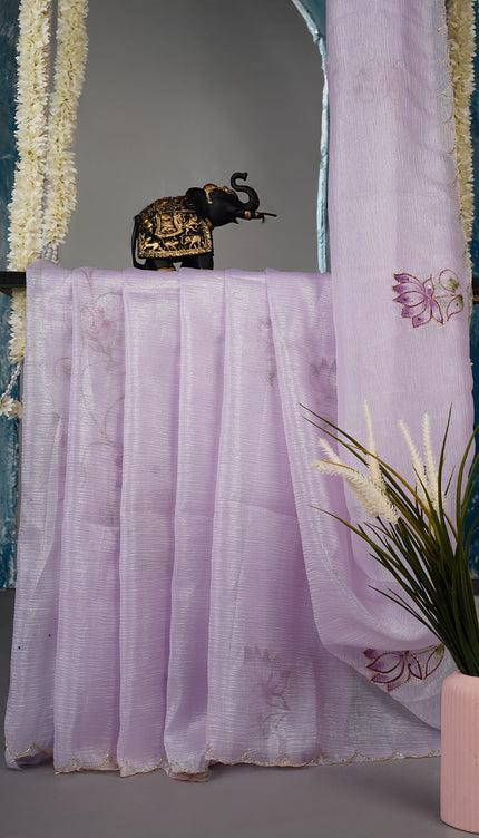 Crush tissue saree with hand painting butties and scallop border Kardana & Sequence Work - Lavender
