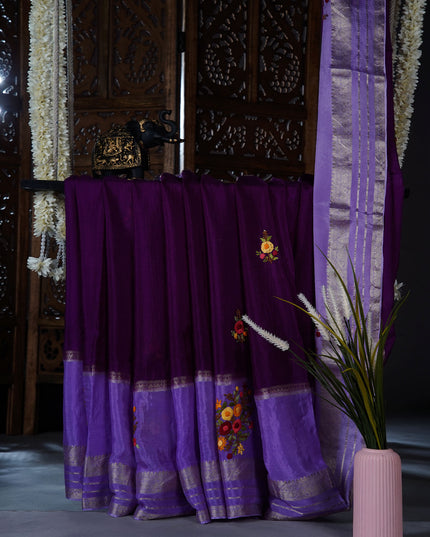 Chinnon Crape Saree French Knot Work Design and Golden Zari Gap Border Border - Purple