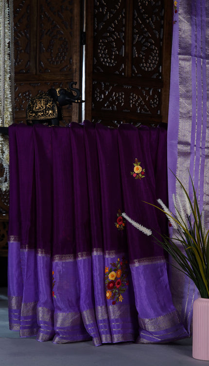 Chinnon Crape Saree French Knot Work Design and Golden Zari Gap Border Border - Purple