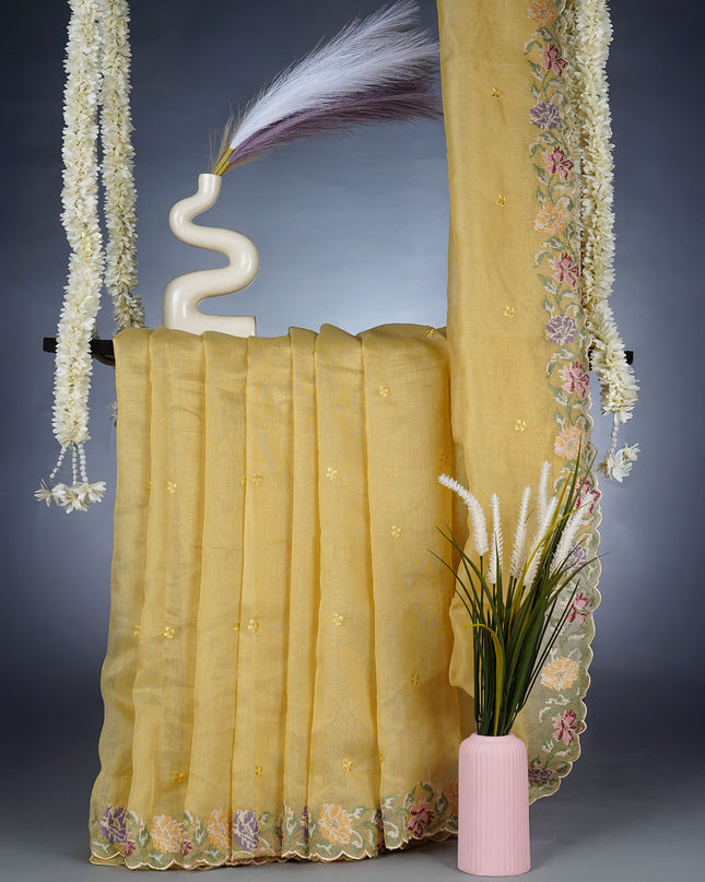 Linen Saree With Thread Work Butties and Scallop Border - Beige