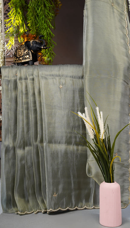 Tissue Crepe saree  with Kardana work and scallop Border- Grey