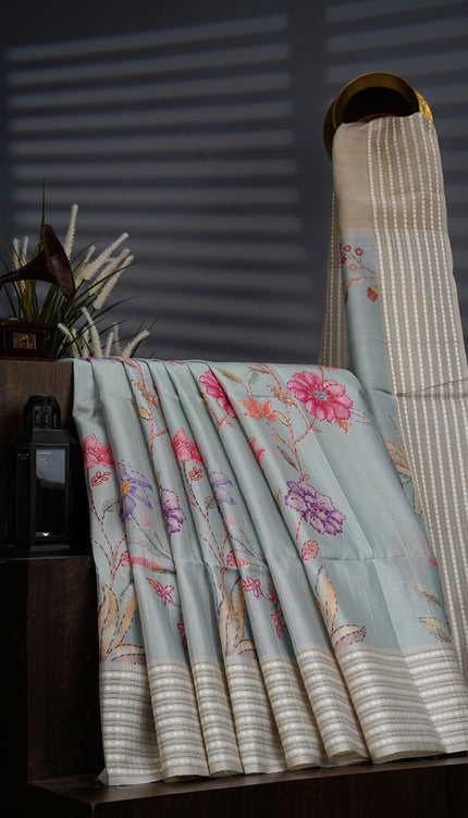 Tusser Silk Saree With Digital Floral Print - Mint Blue