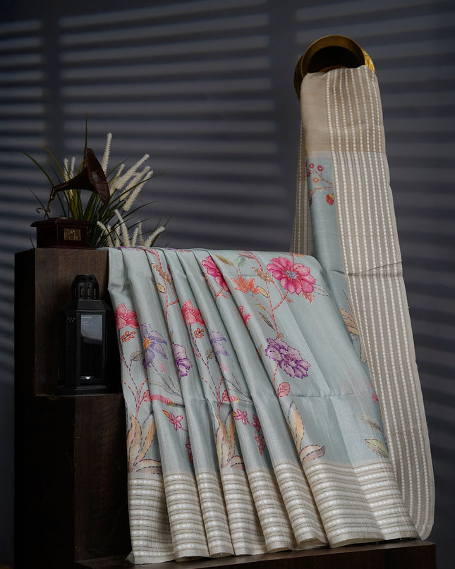 Tusser Silk Saree With Digital Floral Print - Mint Blue