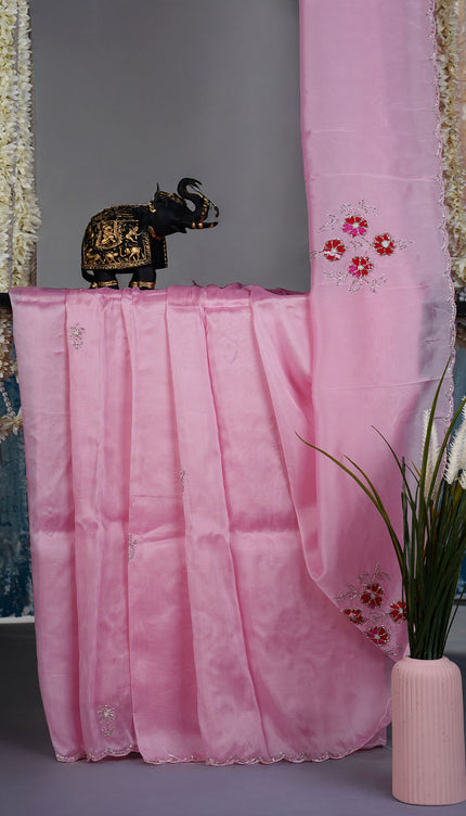 Russian silk saree with applique & Kardhana Work and scallop border - Lite Pink