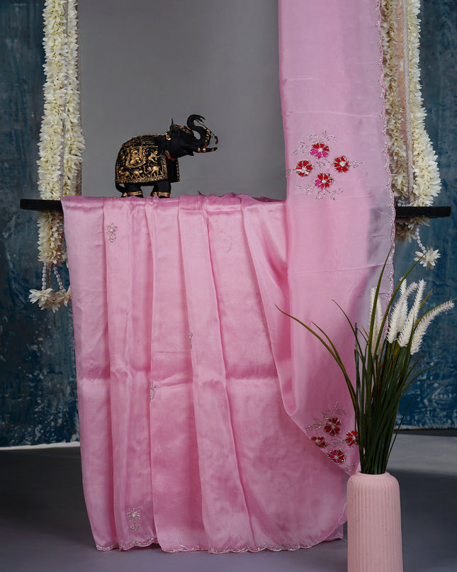 Russian silk saree with applique & Kardhana Work and scallop border - Lite Pink