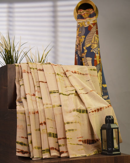 Russian Crape Shibori Print Kalamkari Pallu - Cream & Brown