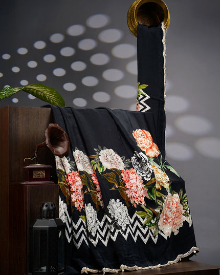 Crepe Saree With Floral Print Scallop Border Kardana Zardosi Sequence Work - Black