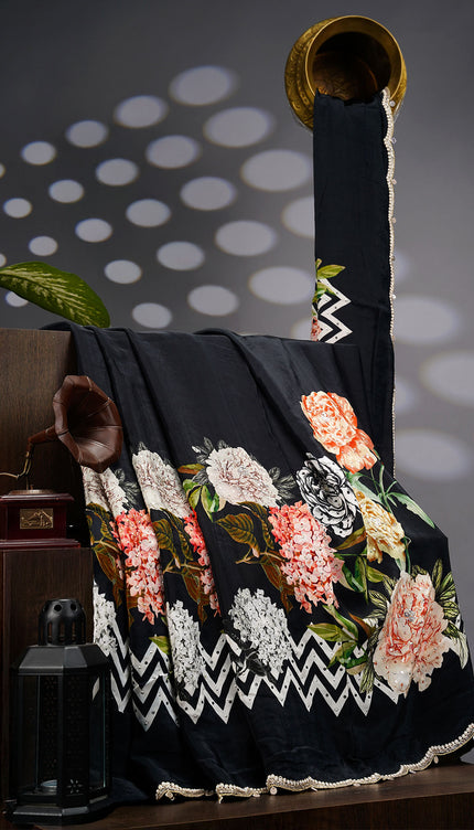 Crepe Saree With Floral Print Scallop Border Kardana Zardosi Sequence Work - Black