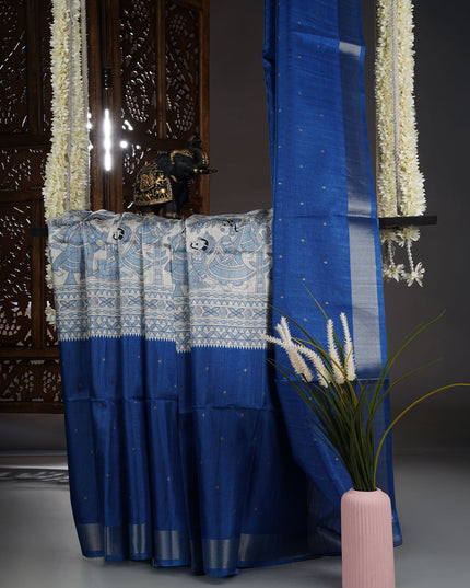 Tusser saree madhubani print with silver border - Royal Blue