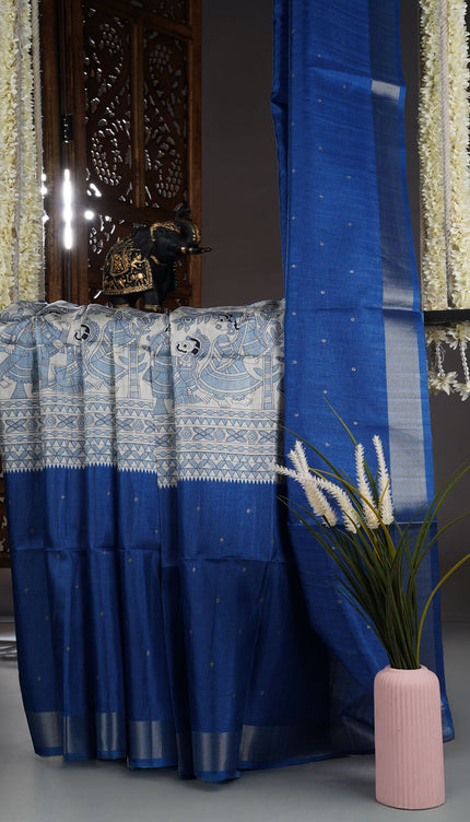 Tusser saree madhubani print with silver border - Royal Blue
