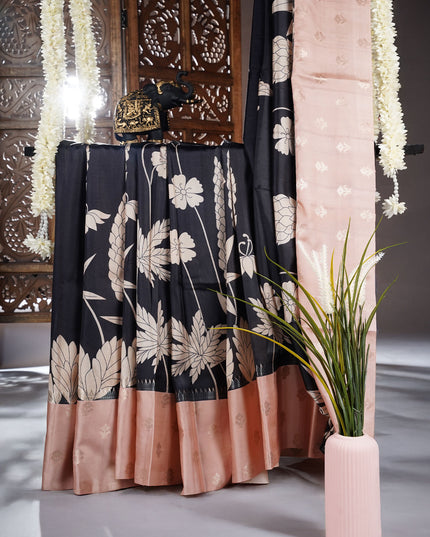 Semi Tusser Saree With Floral Print Complimenting Peach Border - Black
