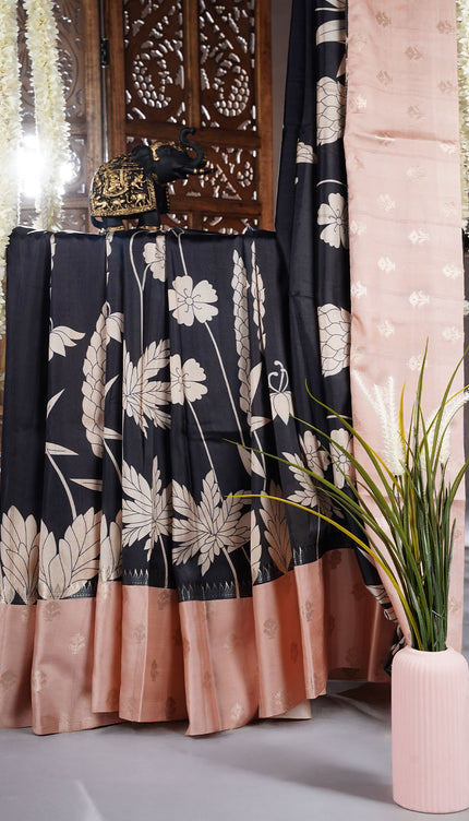 Semi Tusser Saree With Floral Print Complimenting Peach Border - Black