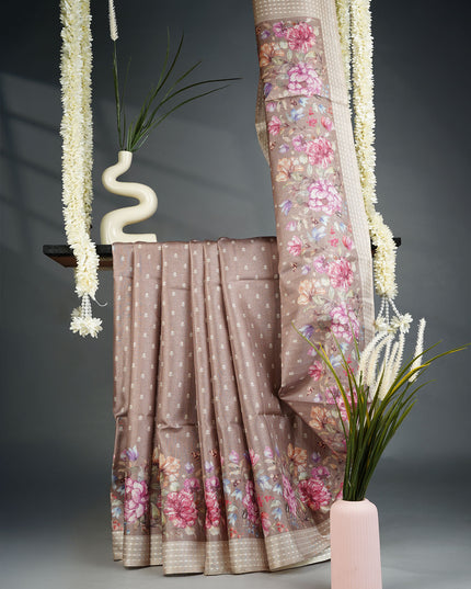 Tusser Silk Saree with Floral Print and Subtle Vertical Stripes and Small Delicate Motifs- Beige