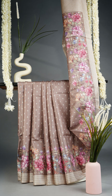 Tusser Silk Saree with Floral Print and Subtle Vertical Stripes and Small Delicate Motifs- Beige
