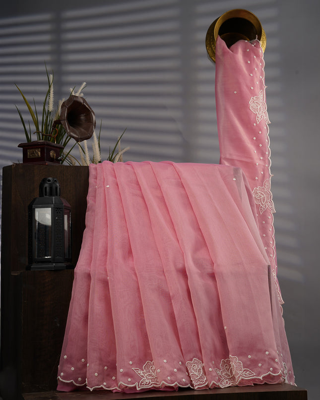 Tissue Linen Saree With Scallop Border With Pearl Work - Pink