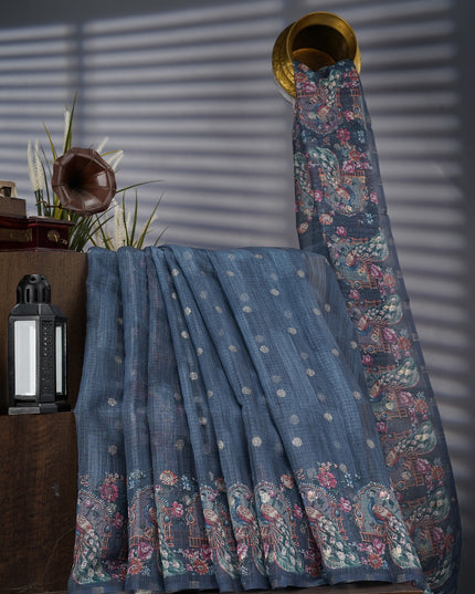 Silk Kota Saree With Gold Zari Butties And Print Border - Teal Blue