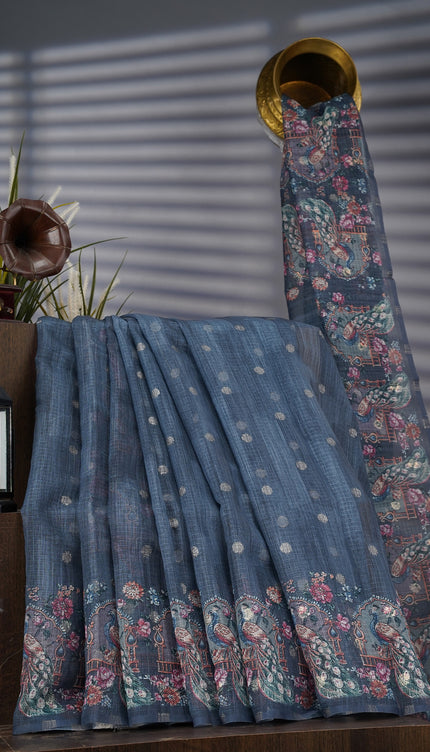 Silk Kota Saree With Gold Zari Butties And Print Border - Teal Blue