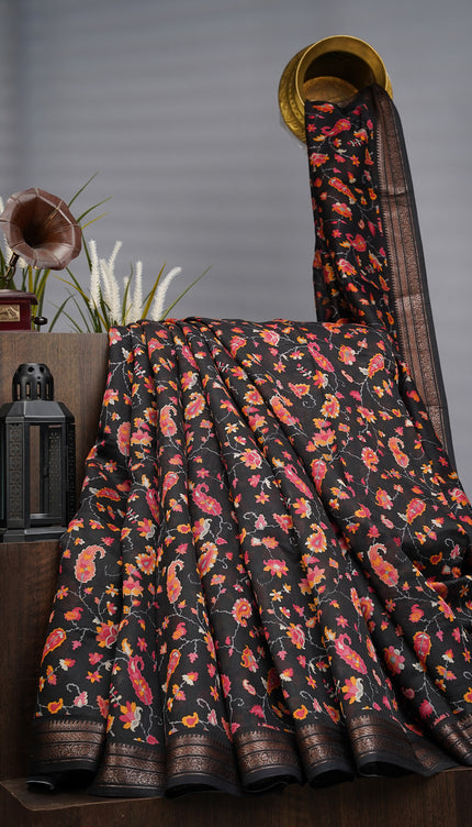 Chanderi Silk Allover Print With Antique Zari Border - Black