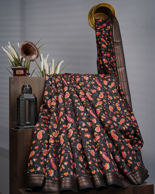 Chanderi Silk Allover Print With Antique Zari Border - Black